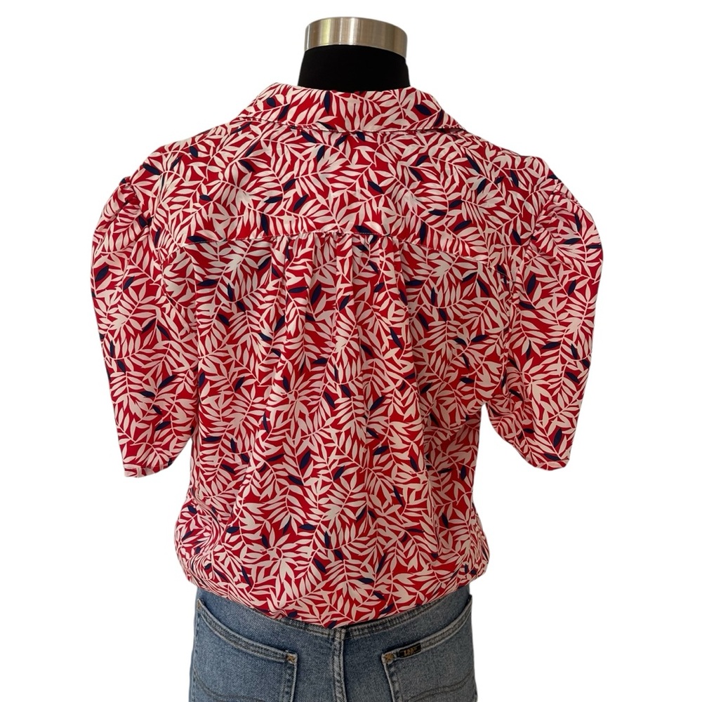 Vintage puffy short sleeve leaf print button up blouse - Picture 4 of 12